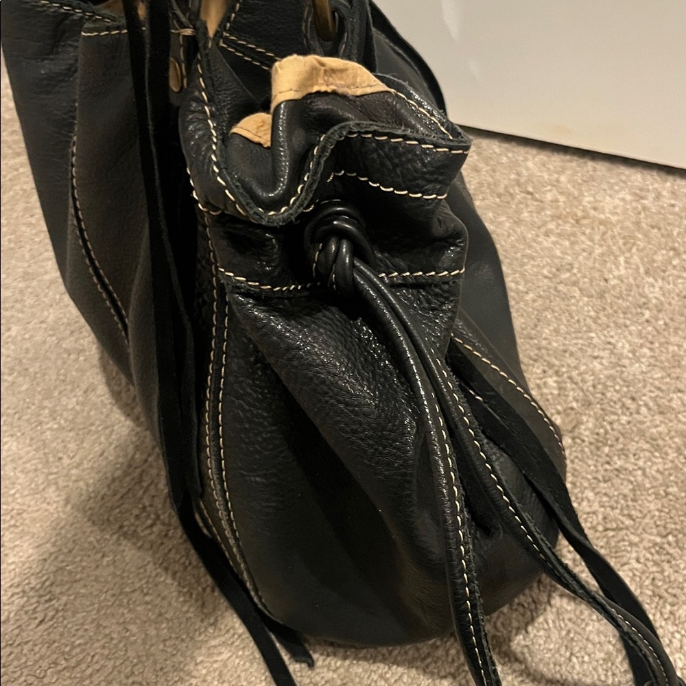 Lucky Brand black leather fringe hobo tooled boho bag vintage inspired - Picture 9 of 11